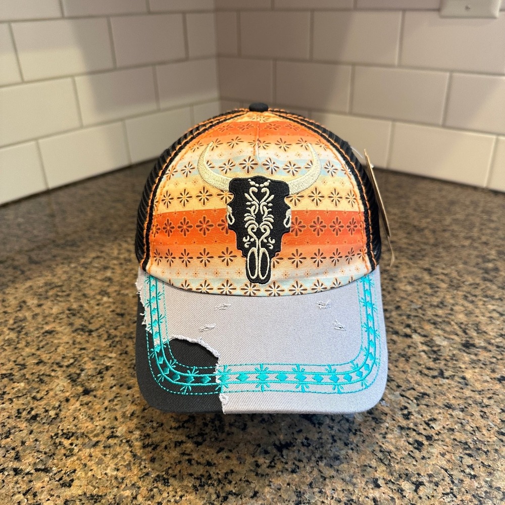 Catchfly Trucker Hat Steer Skull Western Boho Adjustable Ponytail Cap